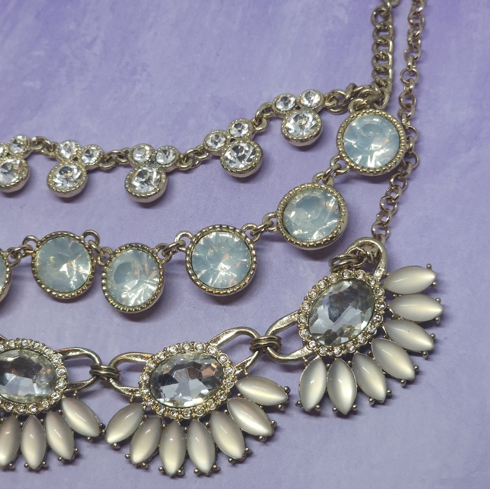Layered Rhinestone Triple Chain Statement Necklace Gold Tone - Picture 3 of 8
